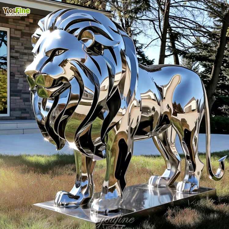 “YOUFINE Geometric Stainless Steel Lion – Modern Outdoor Sculpture”
